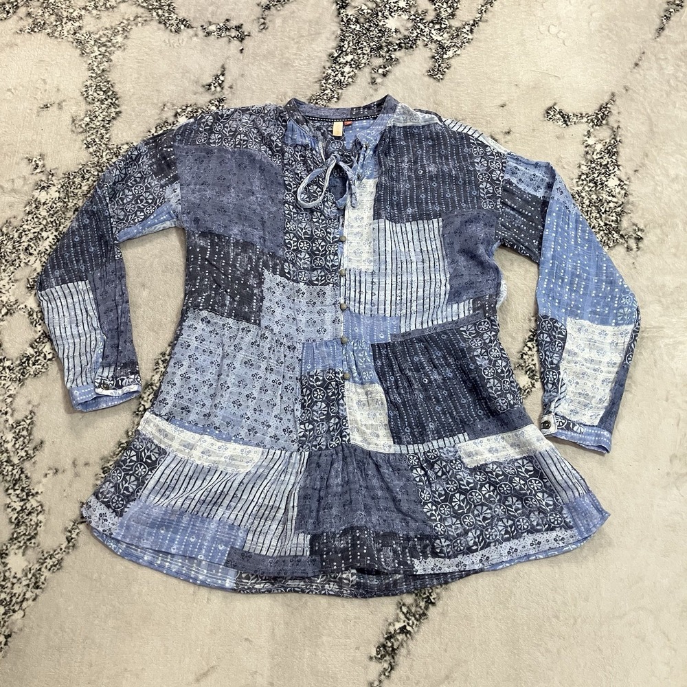 Pilcro Anthropologie Blouse Womens XS Blue Patchwork Boho Tunic Long Sleeve